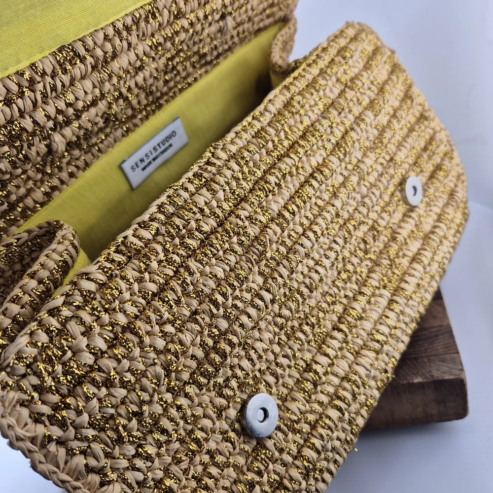 Woven Straw Top-Handle Bag in Gold and Cream